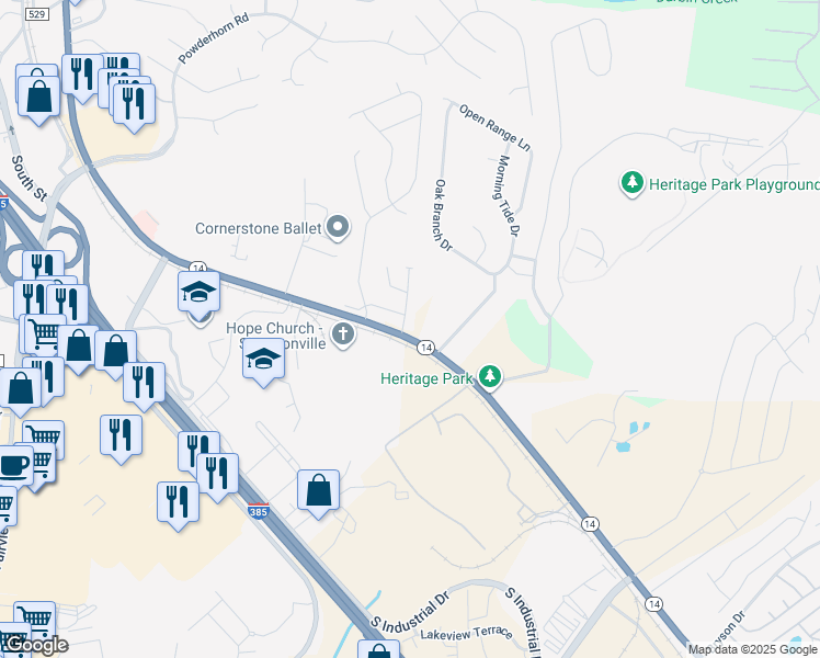 map of restaurants, bars, coffee shops, grocery stores, and more near 104 Roundtree Drive in Simpsonville