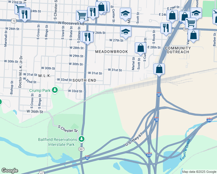 map of restaurants, bars, coffee shops, grocery stores, and more near 3200 Center Street in Little Rock