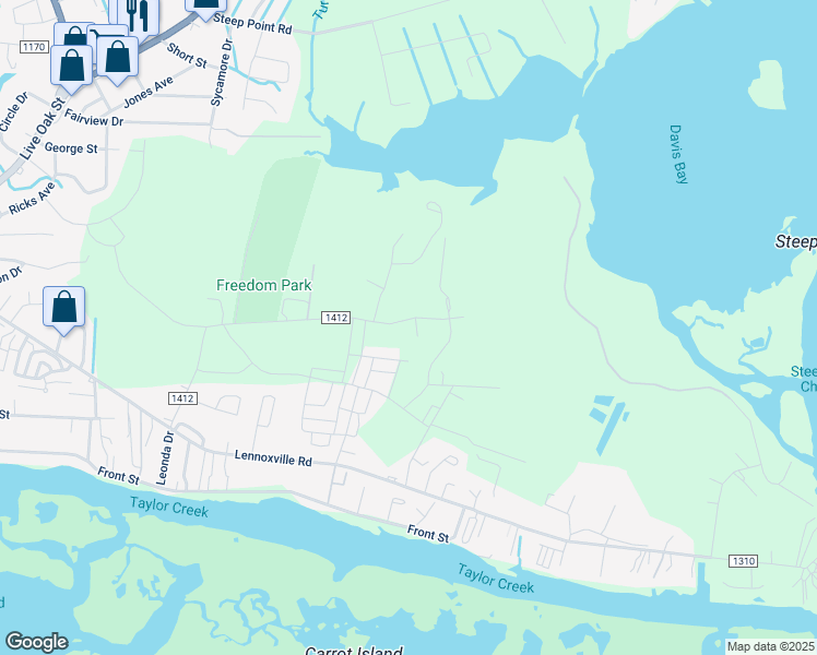 map of restaurants, bars, coffee shops, grocery stores, and more near 410 Shoveler Place in Beaufort