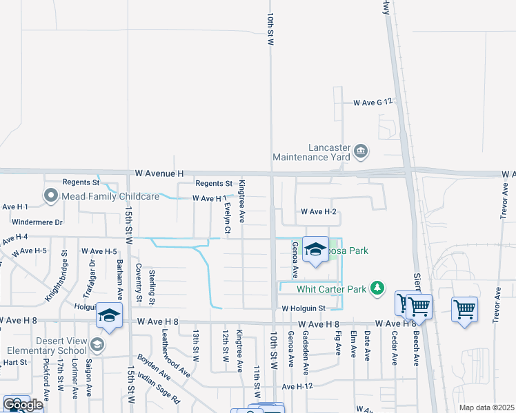 map of restaurants, bars, coffee shops, grocery stores, and more near 1023 West Avenue H-2 in Lancaster