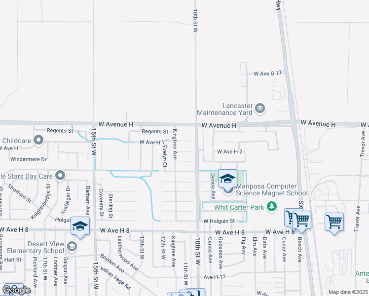 map of restaurants, bars, coffee shops, grocery stores, and more near 1029 West Avenue H-2 in Lancaster