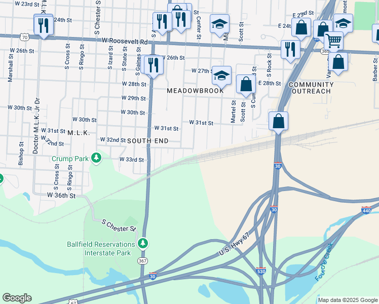map of restaurants, bars, coffee shops, grocery stores, and more near 3200 Center Street in Little Rock