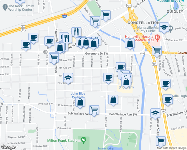 map of restaurants, bars, coffee shops, grocery stores, and more near 2712 8th Avenue Southwest in Huntsville