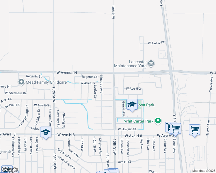 map of restaurants, bars, coffee shops, grocery stores, and more near 1023 West Avenue H-2 in Lancaster