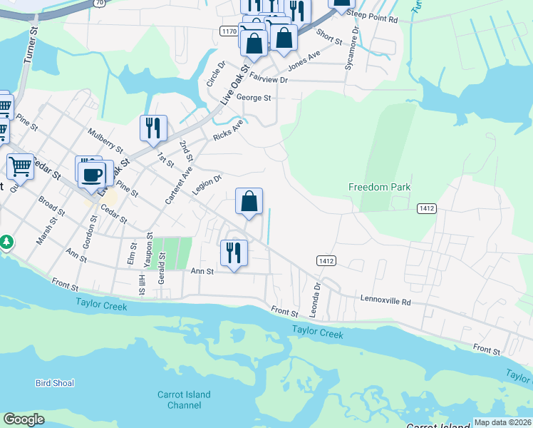 map of restaurants, bars, coffee shops, grocery stores, and more near 112 Briar Patch Drive in Beaufort