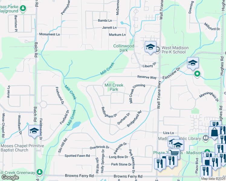 map of restaurants, bars, coffee shops, grocery stores, and more near 185 Merganser Boulevard in Madison