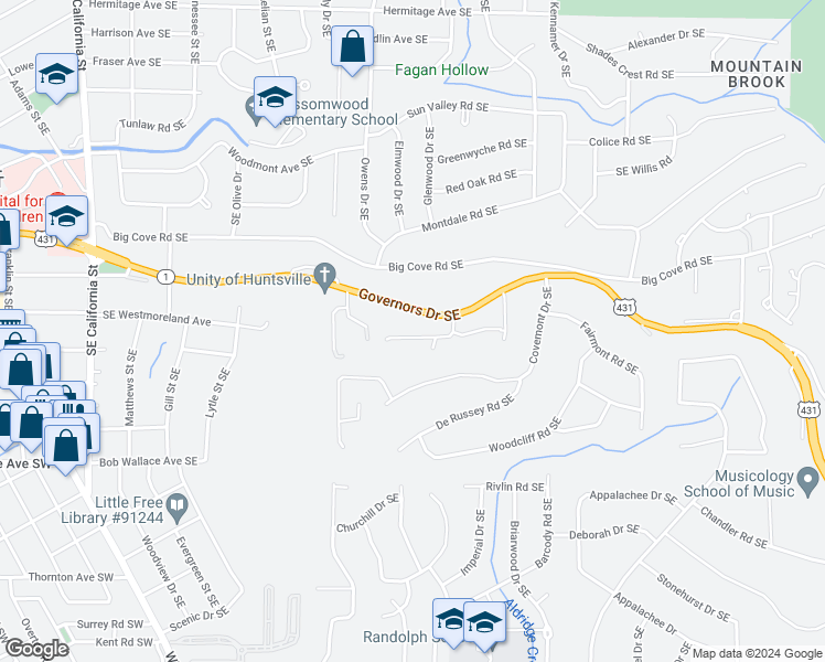 map of restaurants, bars, coffee shops, grocery stores, and more near 1407 Governors Place Southeast in Huntsville