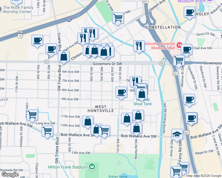 map of restaurants, bars, coffee shops, grocery stores, and more near 2204 7th Avenue Southwest in Huntsville