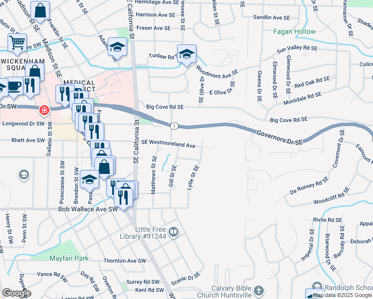 map of restaurants, bars, coffee shops, grocery stores, and more near 1107 Southeast Westmoreland Avenue in Huntsville