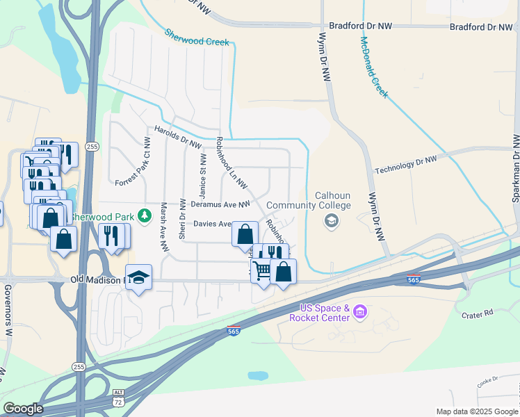 map of restaurants, bars, coffee shops, grocery stores, and more near 6109 Deramus Avenue Northwest in Huntsville