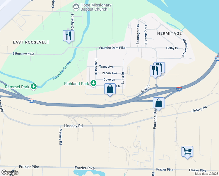 map of restaurants, bars, coffee shops, grocery stores, and more near 6600 Heather Lane in Little Rock
