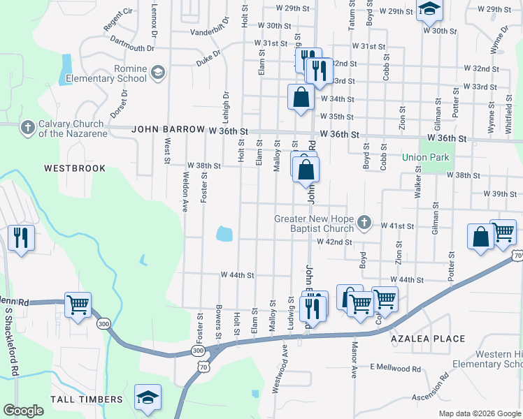 map of restaurants, bars, coffee shops, grocery stores, and more near 3921 Elam Street in Little Rock