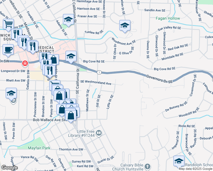 map of restaurants, bars, coffee shops, grocery stores, and more near 1107 Southeast Westmoreland Avenue in Huntsville