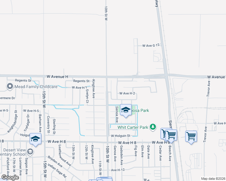 map of restaurants, bars, coffee shops, grocery stores, and more near 45902 Desert Springs Drive in Lancaster