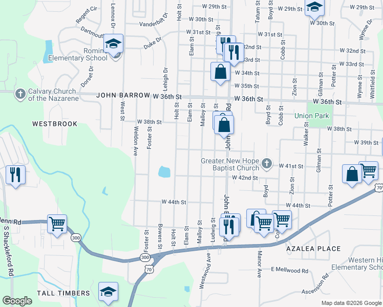 map of restaurants, bars, coffee shops, grocery stores, and more near 3921 Elam Street in Little Rock