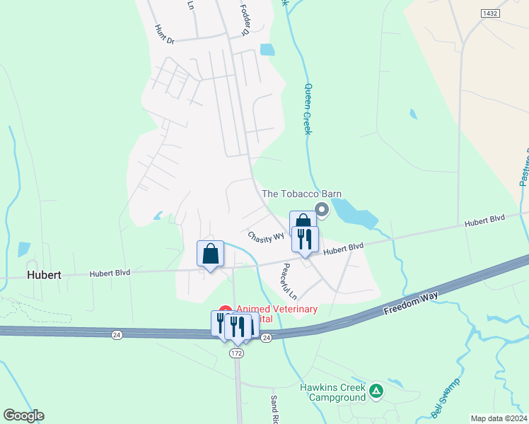 map of restaurants, bars, coffee shops, grocery stores, and more near 202 Brice Court in Hubert
