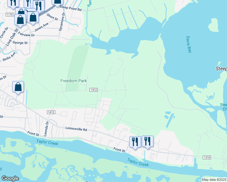 map of restaurants, bars, coffee shops, grocery stores, and more near 402 Shoveler Place in Beaufort