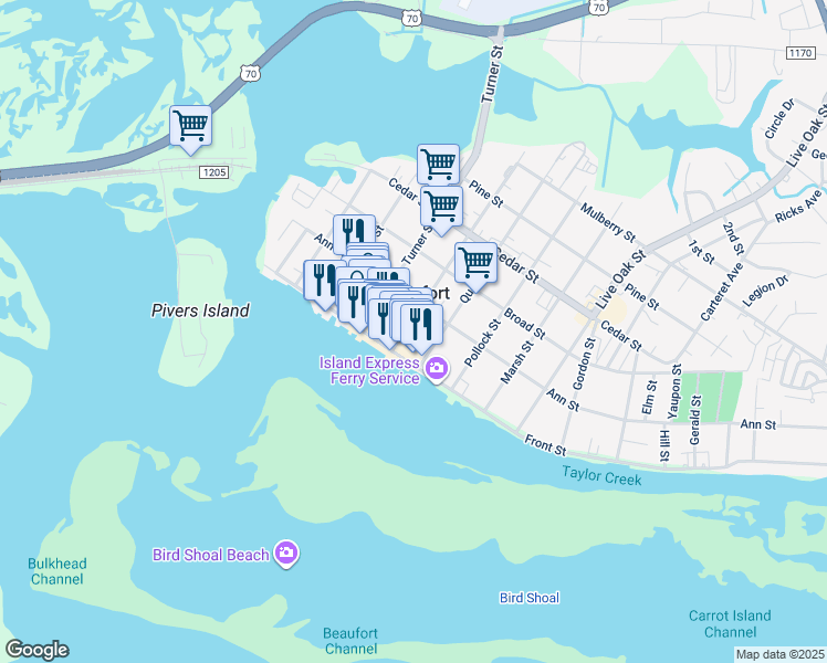 map of restaurants, bars, coffee shops, grocery stores, and more near in Beaufort