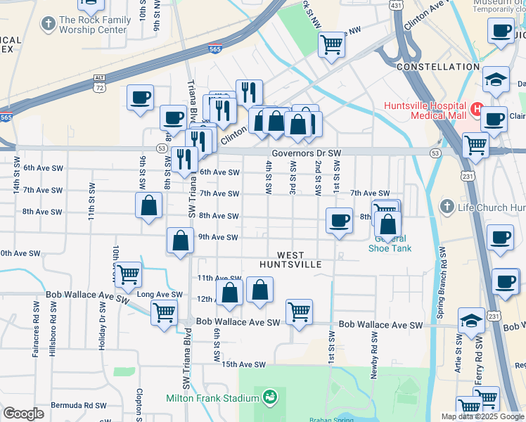 map of restaurants, bars, coffee shops, grocery stores, and more near 2813 7th Avenue Southwest in Huntsville