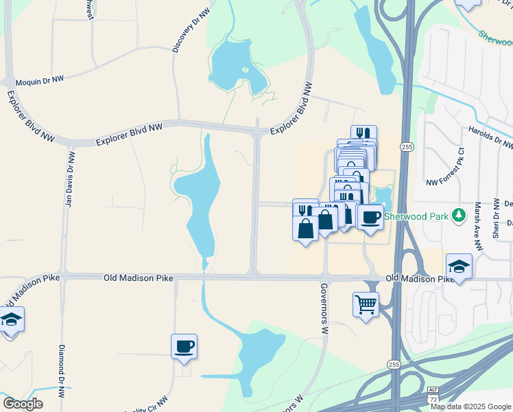 map of restaurants, bars, coffee shops, grocery stores, and more near Voyager Way Northwest in Huntsville