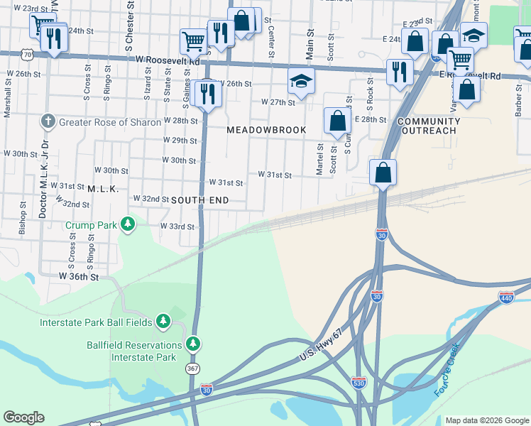 map of restaurants, bars, coffee shops, grocery stores, and more near 3200 Center Street in Little Rock