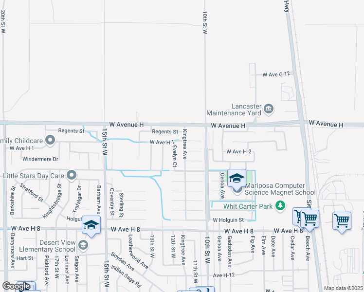 map of restaurants, bars, coffee shops, grocery stores, and more near 45911 Kingtree Avenue in Lancaster
