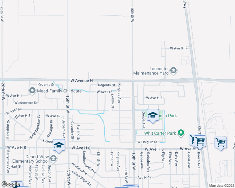 map of restaurants, bars, coffee shops, grocery stores, and more near 45911 Kingtree Avenue in Lancaster