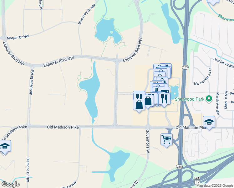 map of restaurants, bars, coffee shops, grocery stores, and more near Voyager Way Northwest in Huntsville