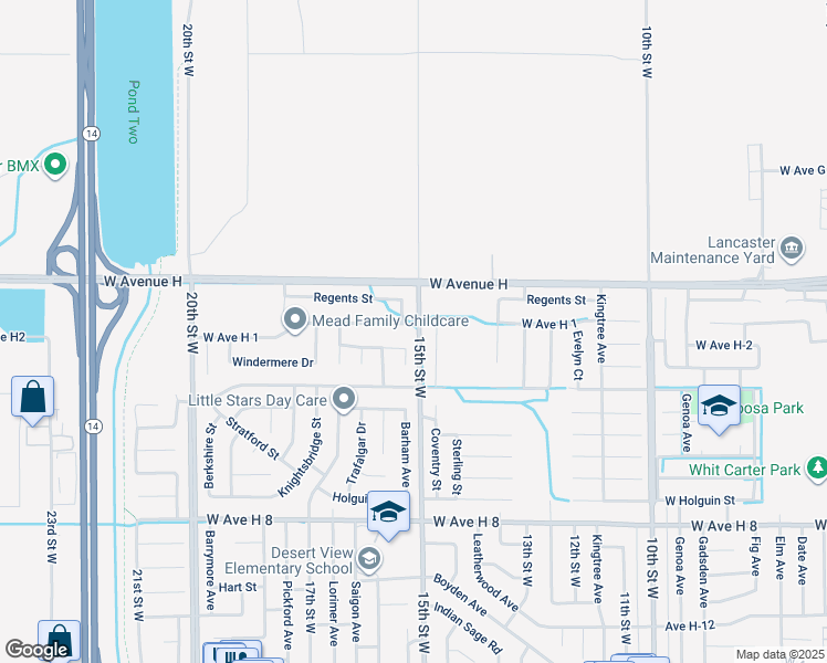 map of restaurants, bars, coffee shops, grocery stores, and more near 1502 West Avenue H 1 in Lancaster