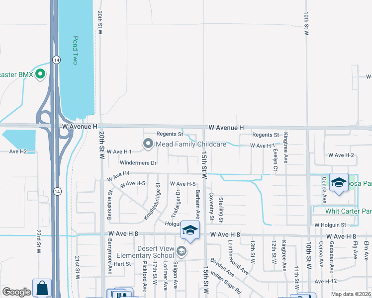 map of restaurants, bars, coffee shops, grocery stores, and more near 1542 West Avenue H 1 in Lancaster