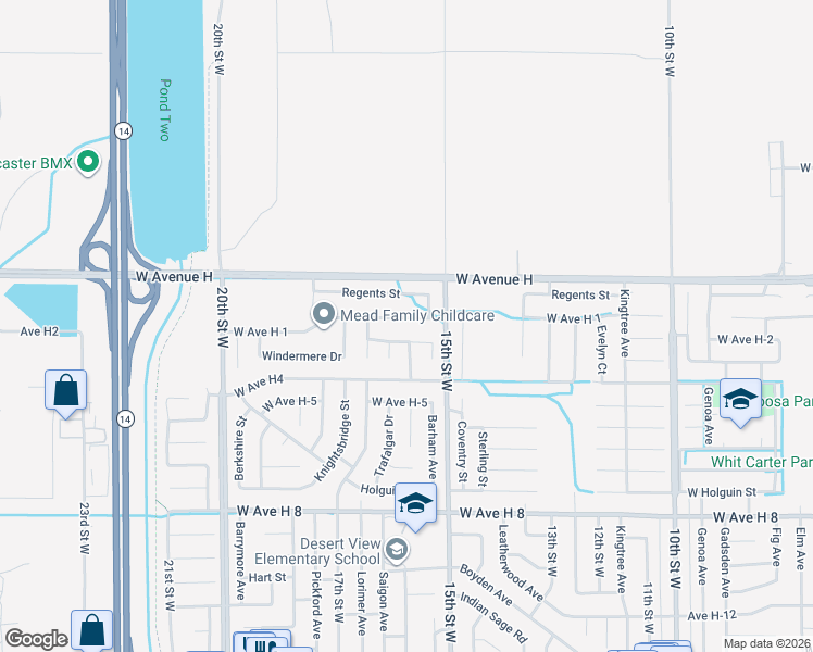 map of restaurants, bars, coffee shops, grocery stores, and more near 1542 West Avenue H 1 in Lancaster