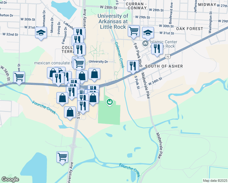 map of restaurants, bars, coffee shops, grocery stores, and more near 5801 Asher Avenue in Little Rock
