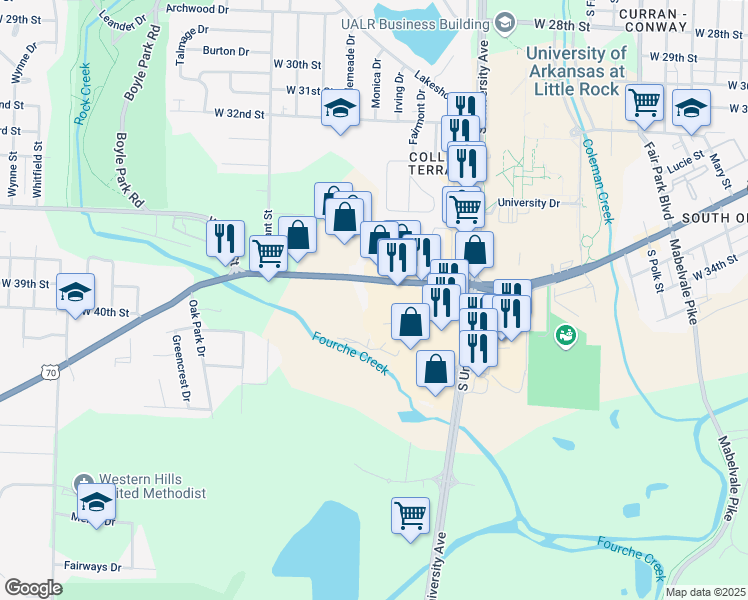 map of restaurants, bars, coffee shops, grocery stores, and more near 6323 Colonel Glenn Road in Little Rock