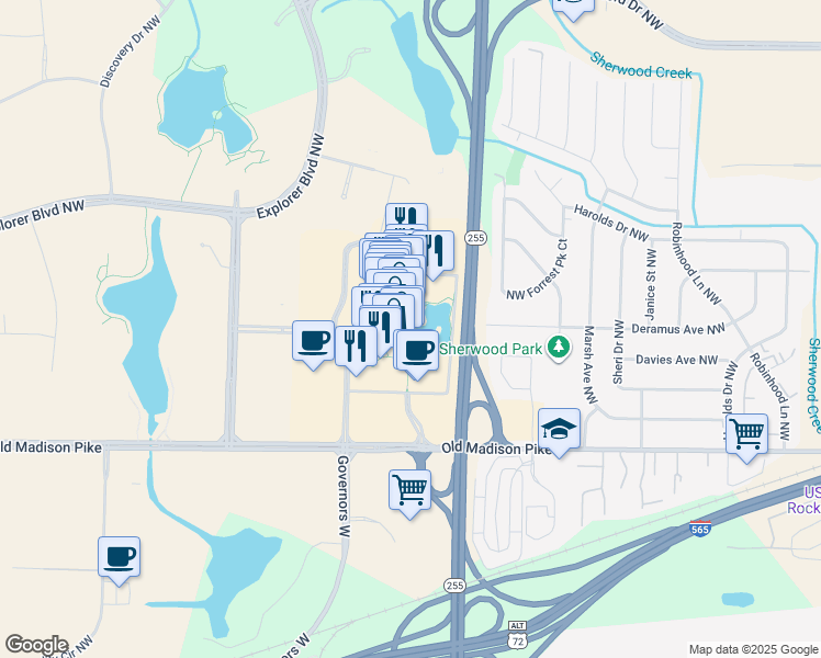 map of restaurants, bars, coffee shops, grocery stores, and more near Bridge Street Walking Trail in Huntsville