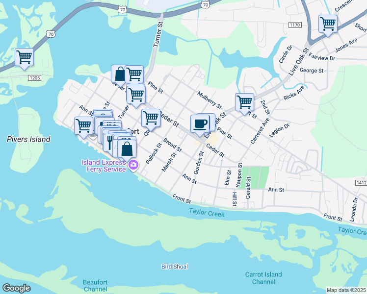 map of restaurants, bars, coffee shops, grocery stores, and more near 305 Marsh Street in Beaufort
