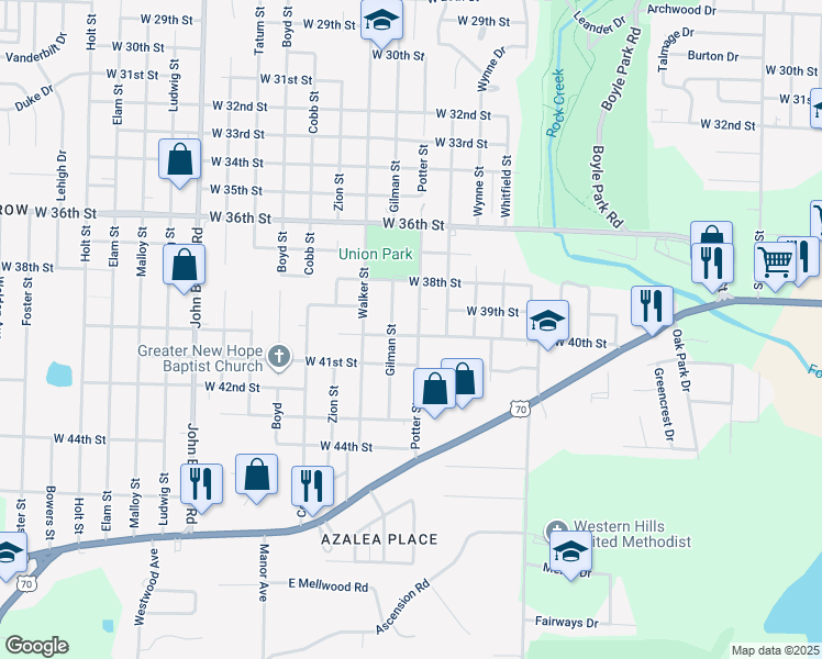 map of restaurants, bars, coffee shops, grocery stores, and more near 3901 Potter Street in Little Rock