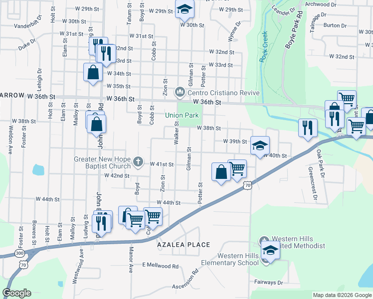map of restaurants, bars, coffee shops, grocery stores, and more near 3902 Gilman Street in Little Rock
