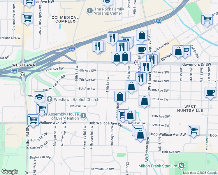 map of restaurants, bars, coffee shops, grocery stores, and more near 3509 7th Avenue Southwest in Huntsville
