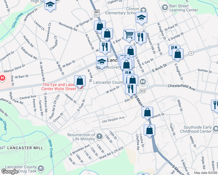 map of restaurants, bars, coffee shops, grocery stores, and more near 208 South French Street in Lancaster