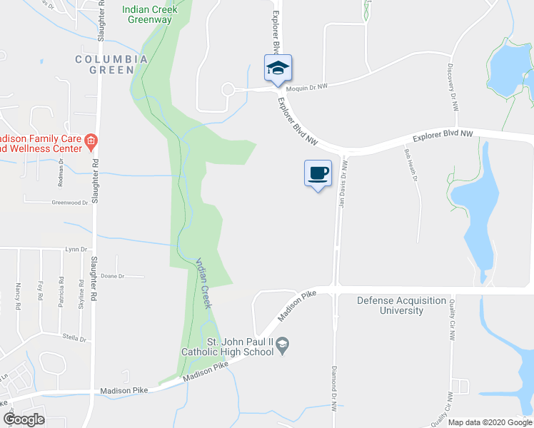 map of restaurants, bars, coffee shops, grocery stores, and more near 7400 Old Madison Pike in Huntsville