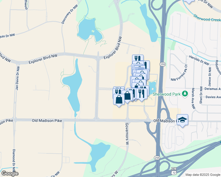 map of restaurants, bars, coffee shops, grocery stores, and more near Eagle Drive Northwest in Huntsville