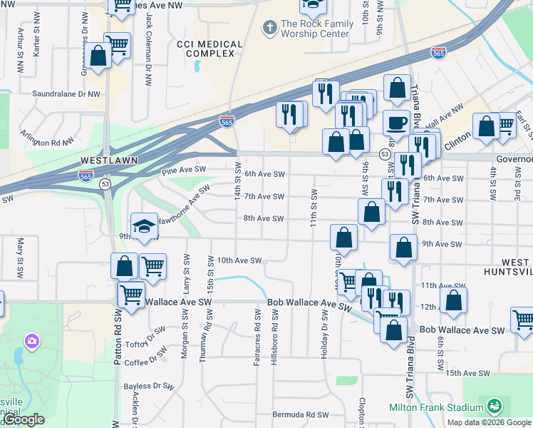 map of restaurants, bars, coffee shops, grocery stores, and more near 3714 8th Avenue Southwest in Huntsville