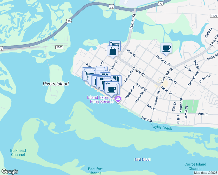 map of restaurants, bars, coffee shops, grocery stores, and more near 150 Turner Street in Beaufort