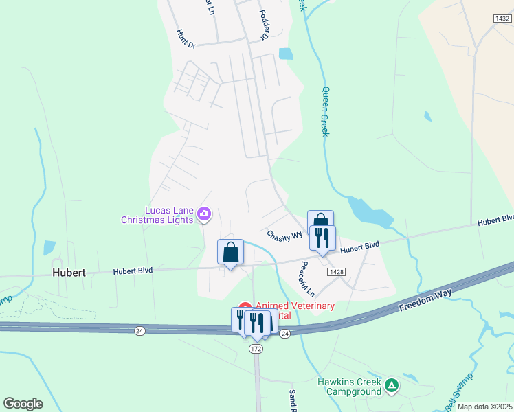 map of restaurants, bars, coffee shops, grocery stores, and more near 113 Blue Haven Drive in Hubert