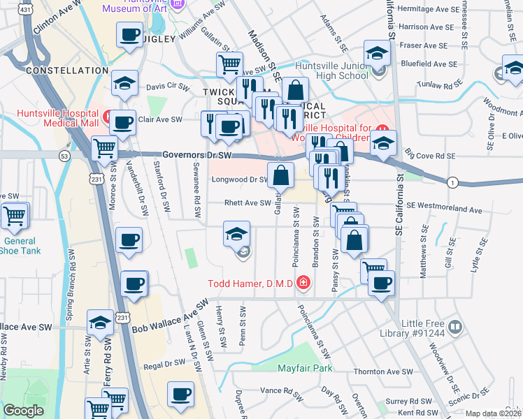 map of restaurants, bars, coffee shops, grocery stores, and more near 2200 Gallatin Street Southwest in Huntsville