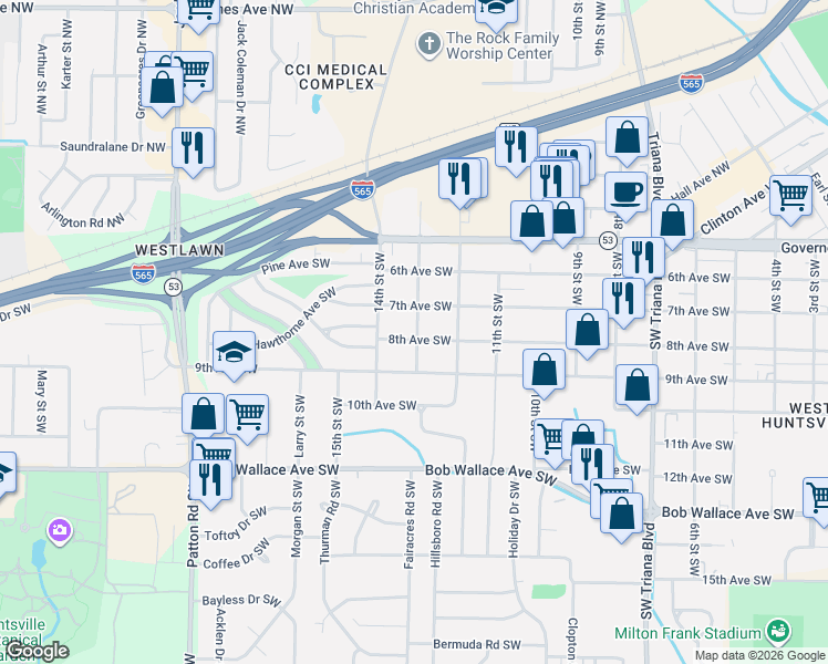 map of restaurants, bars, coffee shops, grocery stores, and more near 3807 7th Avenue Southwest in Huntsville