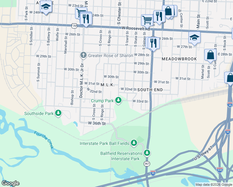 map of restaurants, bars, coffee shops, grocery stores, and more near 3204 South Izard Street in Little Rock