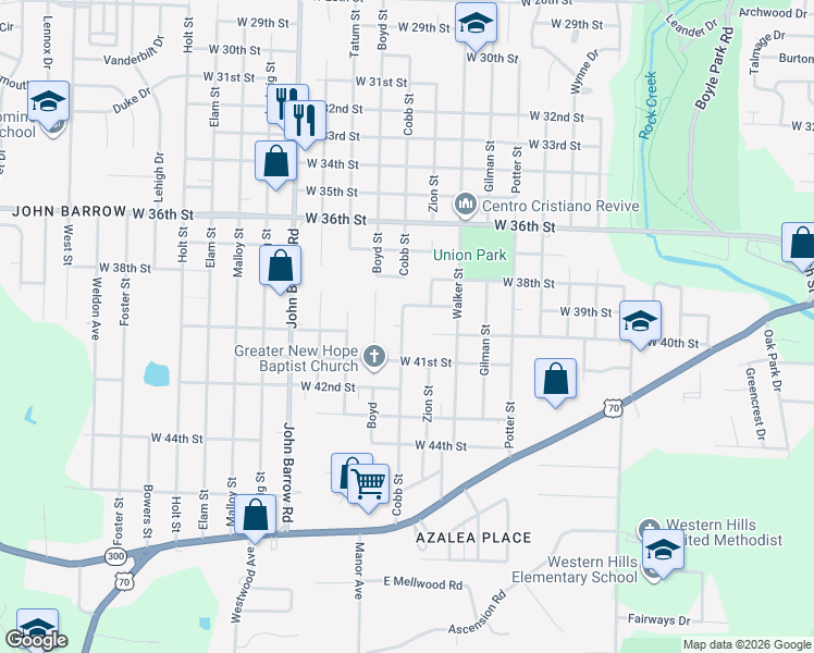 map of restaurants, bars, coffee shops, grocery stores, and more near 3909 Cobb Street in Little Rock
