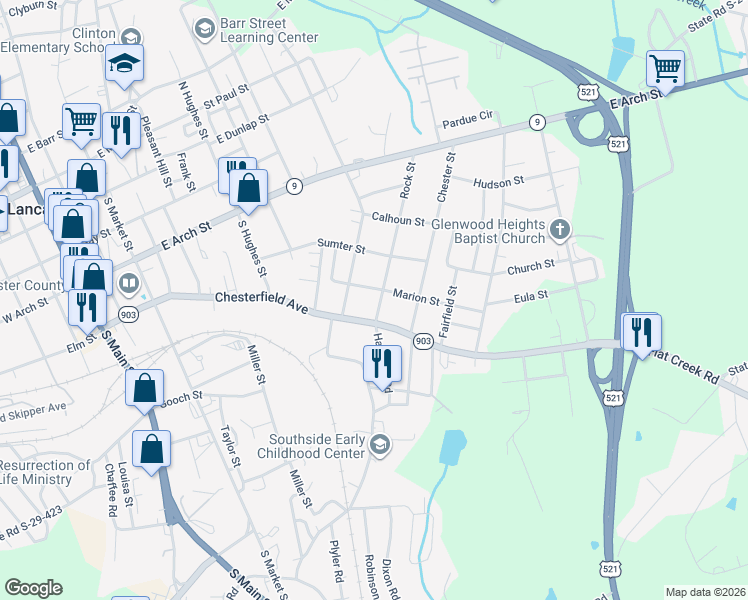 map of restaurants, bars, coffee shops, grocery stores, and more near 610 Rock Street in Lancaster