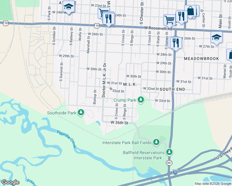 map of restaurants, bars, coffee shops, grocery stores, and more near 1207 West 32nd Street in Little Rock